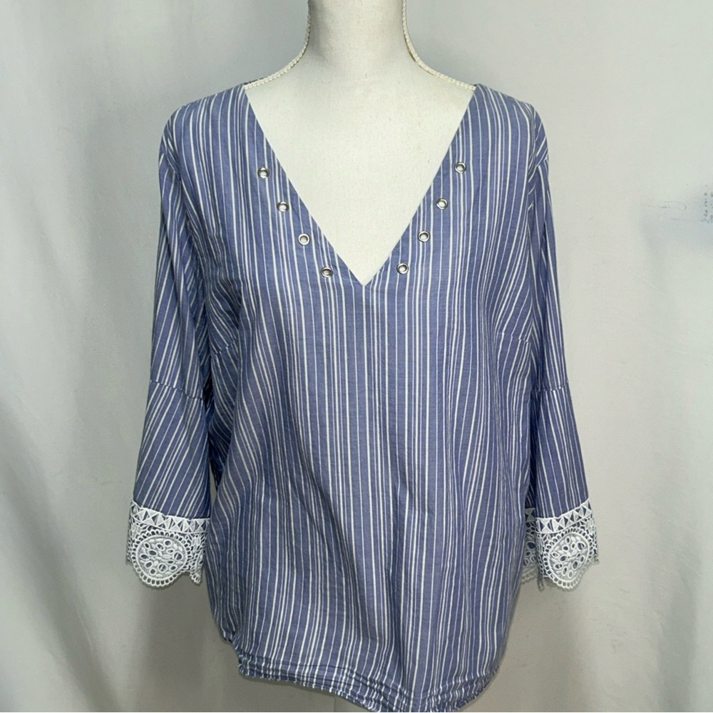 a.n.a Blue and White‎ Relaxed Embellished Blouse